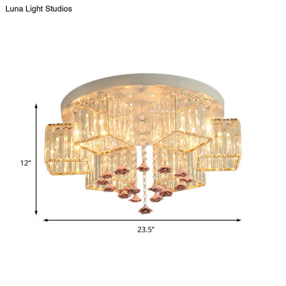 DecorBites™ DecorBites™ Modern Cubic Flush Mount Crystal Ceiling Light with Pink Rose Draping - 19.5"/23.5" Dia - 5/6 Heads - Living Room