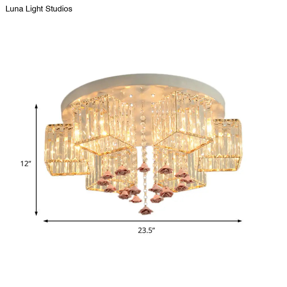 DecorBites™ DecorBites™ Modern Cubic Flush Mount Crystal Ceiling Light with Pink Rose Draping - 19.5"/23.5" Dia - 5/6 Heads - Living Room