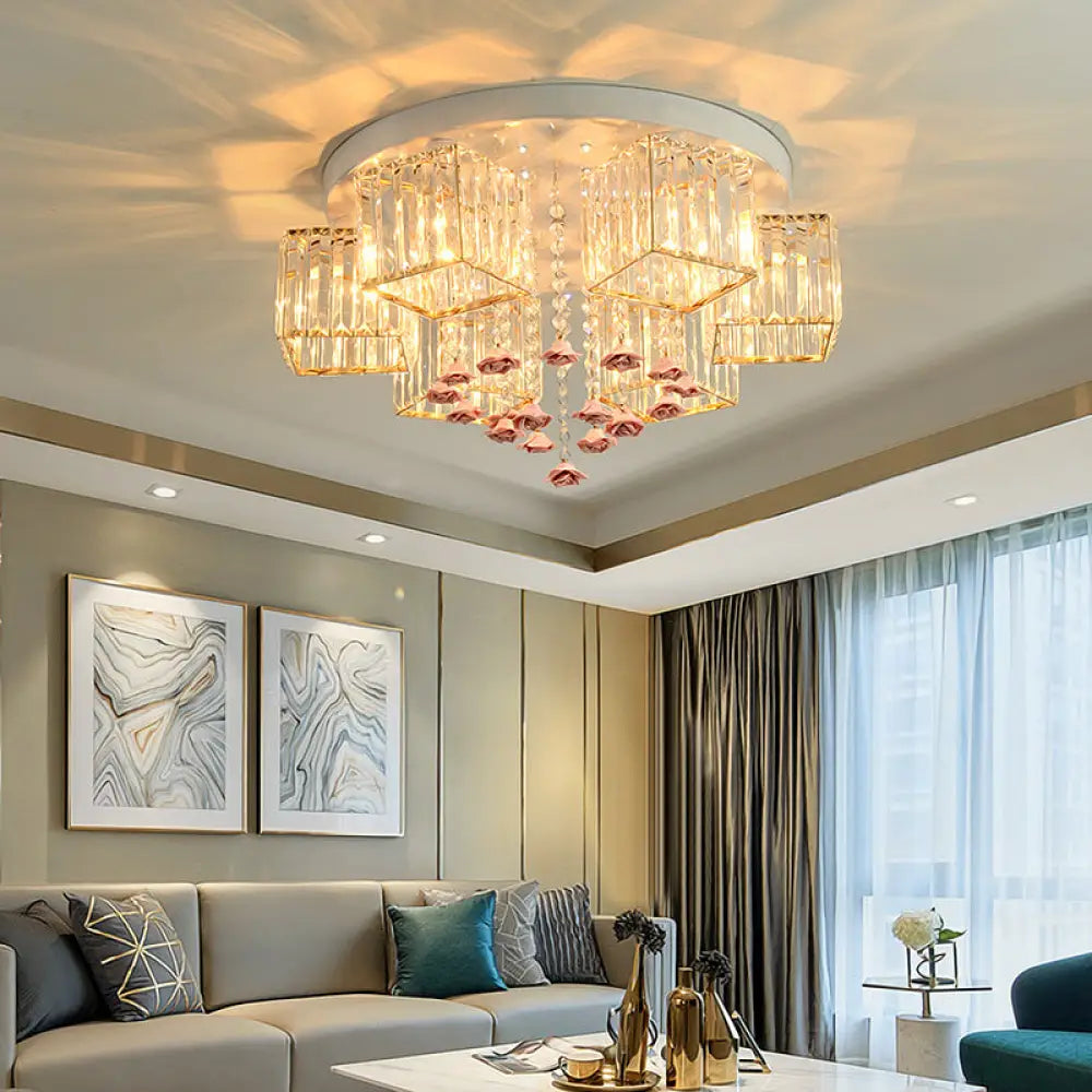 DecorBites™ DecorBites™ Modern Cubic Flush Mount Crystal Ceiling Light with Pink Rose Draping - 19.5"/23.5" Dia - 5/6 Heads - Living Room