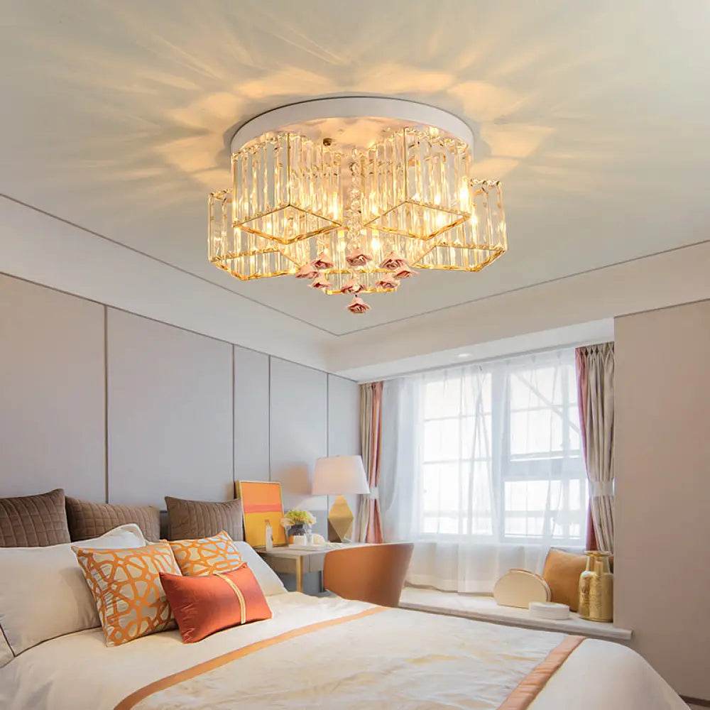 DecorBites™ DecorBites™ Modern Cubic Flush Mount Crystal Ceiling Light with Pink Rose Draping - 19.5"/23.5" Dia - 5/6 Heads - Living Room