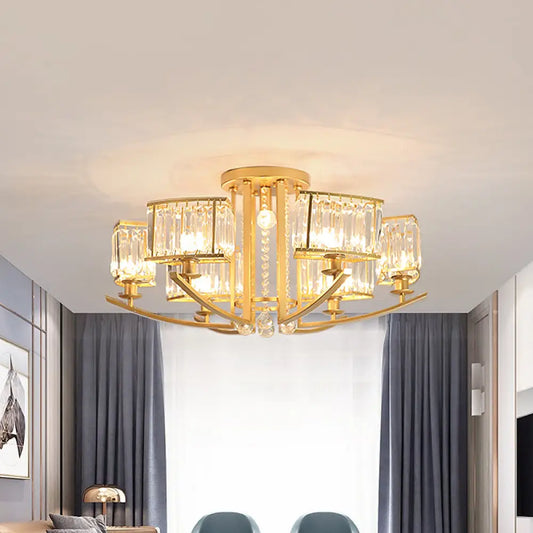 DecorBites™ DecorBites™ Modern Cuboid Semi Flush Chandelier with Clear Crystal, 7 Heads, Gold Ceiling Mounted Light