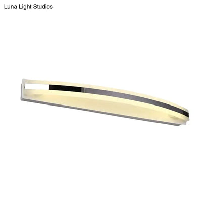 Modern curved black and white bathroom vanity light with white acrylic diffuser and warm white color temperature led