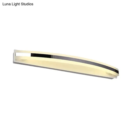 Modern curved black and white bathroom vanity light with white acrylic diffuser and warm white color temperature led