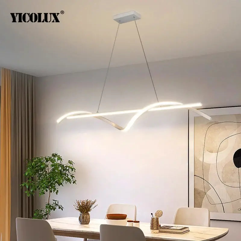 Modern curved black and white led pendant light with sleek design and app remote dimming for dining room use