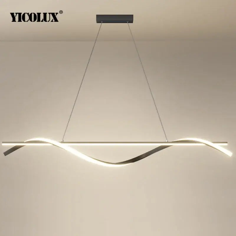Yicolux modern curved black and white led pendant light with wave-shaped brushed metal design and app remote dimming