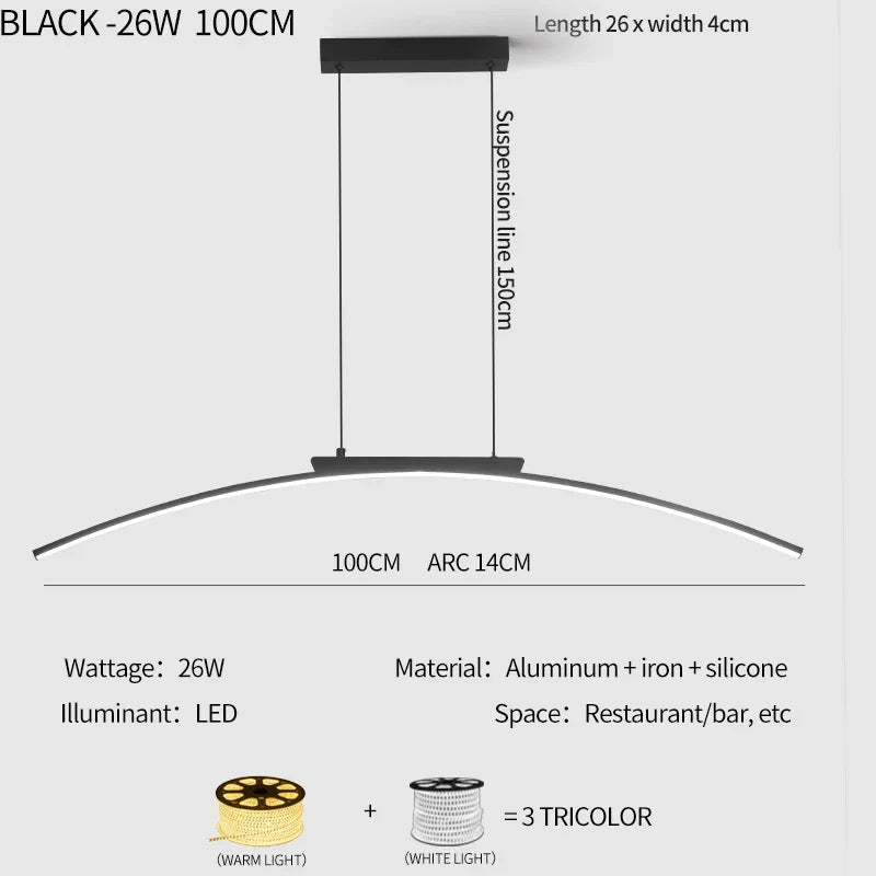 Modern Curved Bridge LED Pendant Light in Black or Gold - Decorbites
