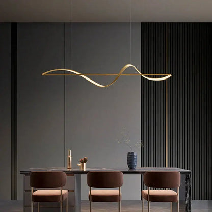 Modern curved gold led pendant light with adjustable height and sleek design ideal for dining room lighting under square meters