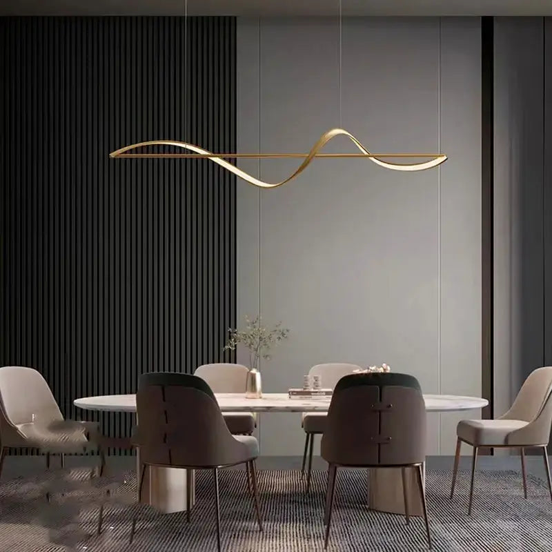 Modern curved gold led pendant light with adjustable height for dining room covering optimal square meters