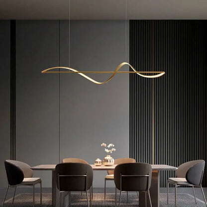 Modern curved gold led pendant light with adjustable height hanging above a dining table for square meters use