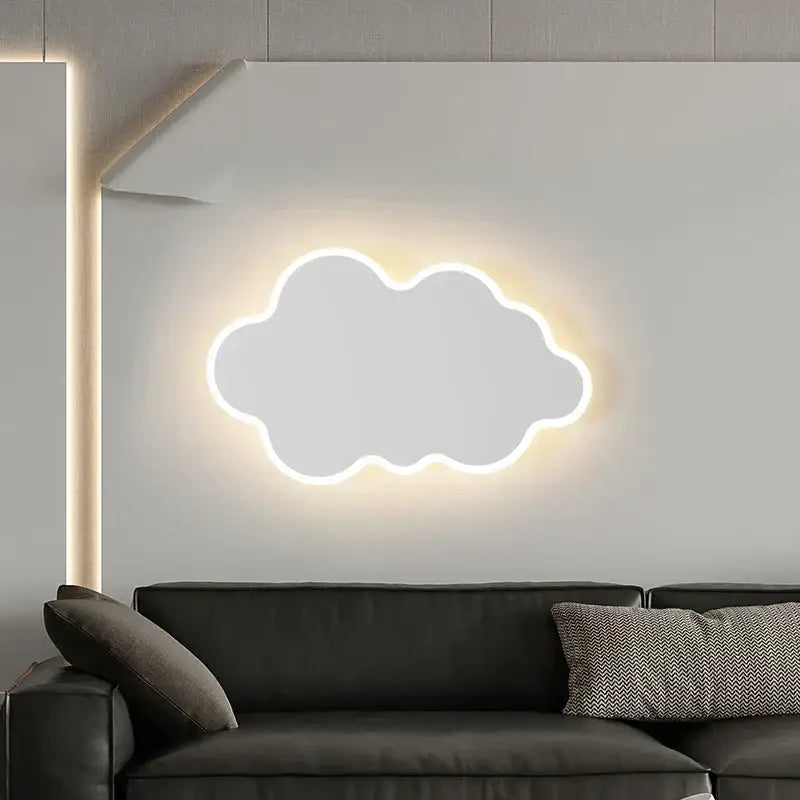 A modern curved white led wall sconce shaped like a glowing cloud with soft warm illumination for bedroom lighting