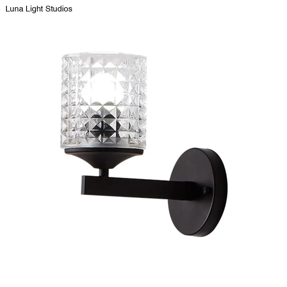 Aplique de pared DecorBites™ moderno cilíndrico de cristal texturizado transparente, una bombilla, para dormitorio, negro/plata
