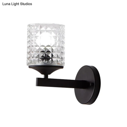 Aplique de pared DecorBites™ moderno cilíndrico de cristal texturizado transparente, una bombilla, para dormitorio, negro/plata