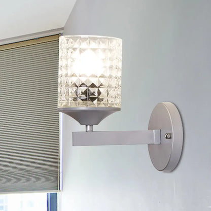 Aplique de pared DecorBites™ moderno cilíndrico de cristal texturizado transparente, una bombilla, para dormitorio, negro/plata