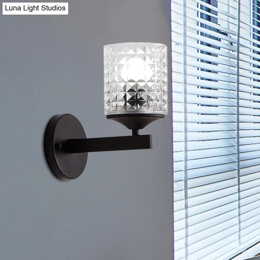 Aplique de pared DecorBites™ moderno cilíndrico de cristal texturizado transparente, una bombilla, para dormitorio, negro/plata