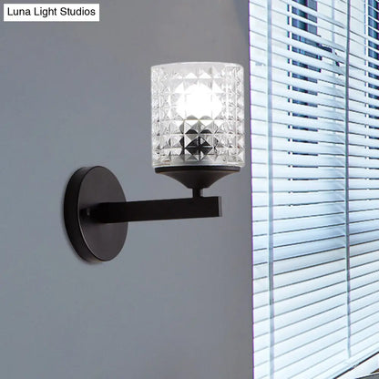 Aplique de pared DecorBites™ moderno cilíndrico de cristal texturizado transparente, una bombilla, para dormitorio, negro/plata