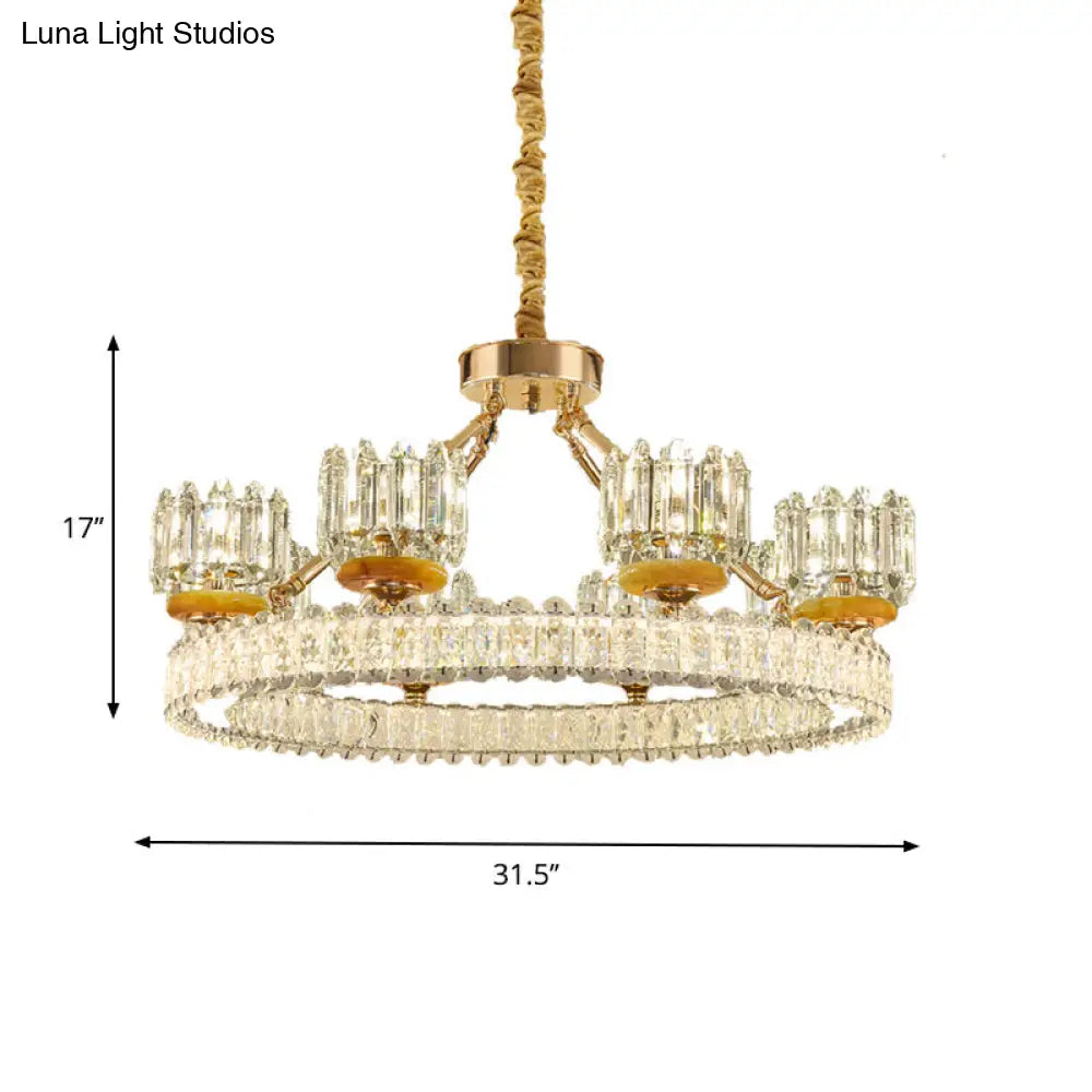 Lámpara de techo tipo araña cilíndrica moderna de cristal con anillo dorado - Opciones de 6/8 bombillas