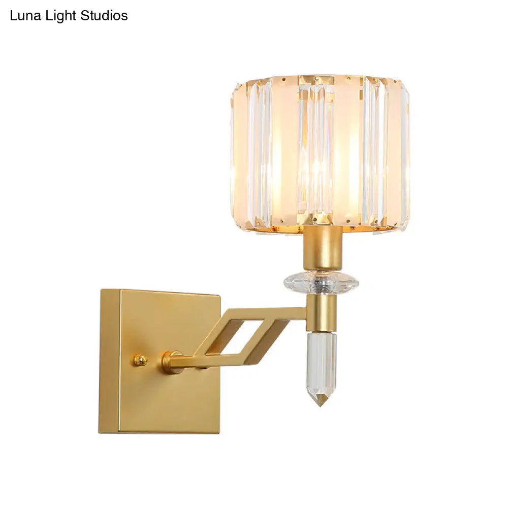 DecorBites™ DecorBites™ Modern Cylindrical Clear Crystal Wall Sconce with Curved Arm and Black/Gold Finish