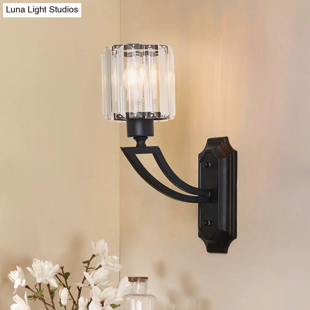 DecorBites™ DecorBites™ Modern Cylindrical Clear Crystal Wall Sconce with Curved Arm and Black/Gold Finish