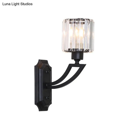 DecorBites™ DecorBites™ Modern Cylindrical Clear Crystal Wall Sconce with Curved Arm and Black/Gold Finish