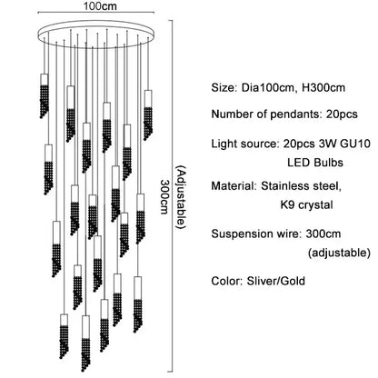Modern cylindrical decorbites crystal staircase chandelier with 20 stainless steel and k9 crystal pendants in silver gold finish