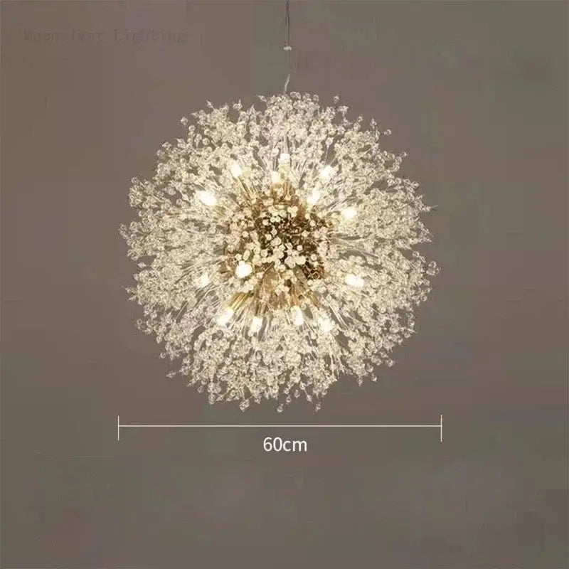 Modern dandelion crystal chandelier with clear faceted crystals and brass fixture by decorbites dandelion crystal decor