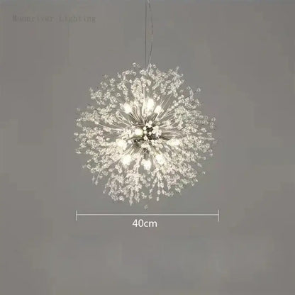 A modern decorbites dandelion crystal chandelier with a spherical design and multiple illuminated bulbs for living room decor