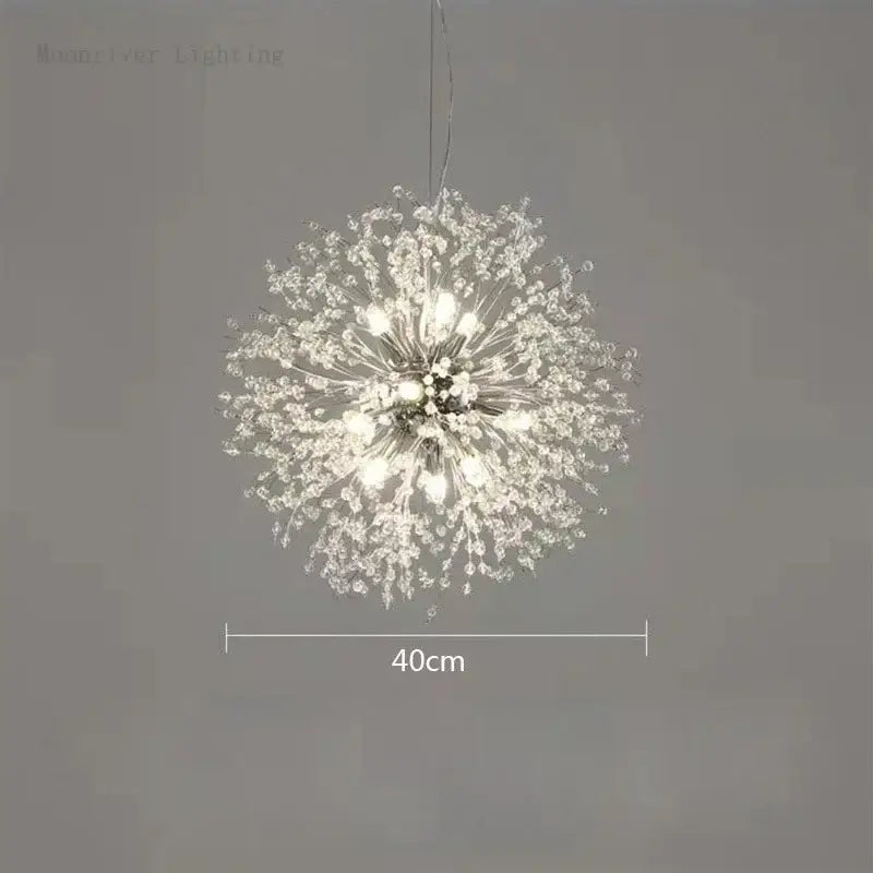 A modern decorbites dandelion crystal chandelier with a spherical design and multiple illuminated bulbs for living room decor