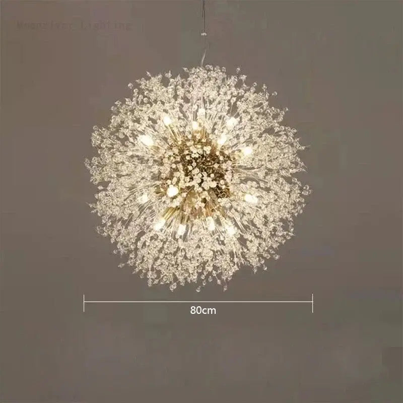 Modern dandelion crystal chandelier with clear glass pieces and brass fixture perfect for living room decorbites dandelion