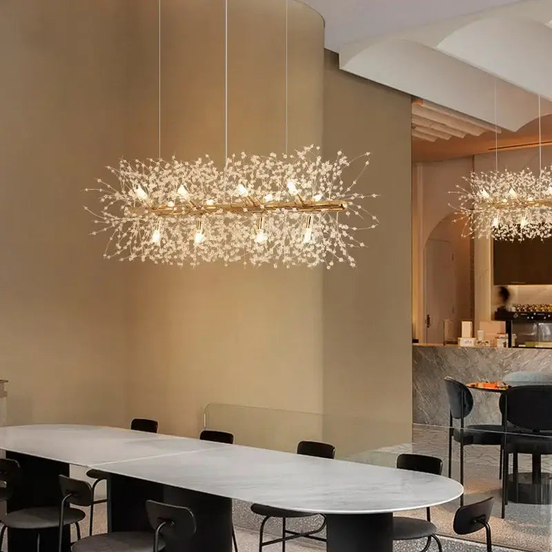 Gold-toned decorbites dandelion crystal chandelier with delicate branch-like arms and sparkling crystal accents for living room decor