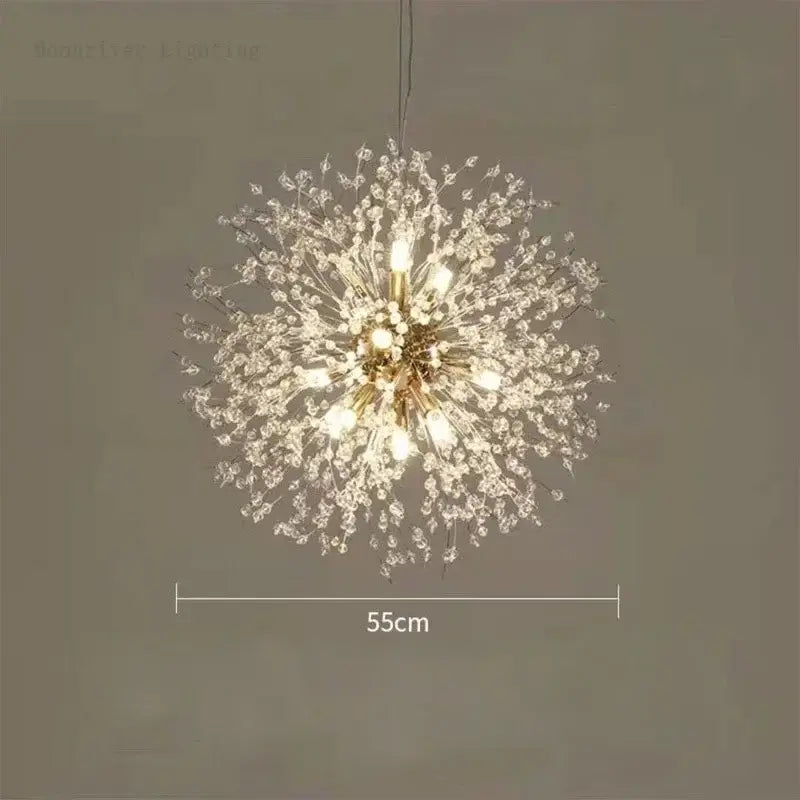 Modern dandelion crystal chandelier gold-toned with clear crystal teardrops by decorbites dandelion for living room decor