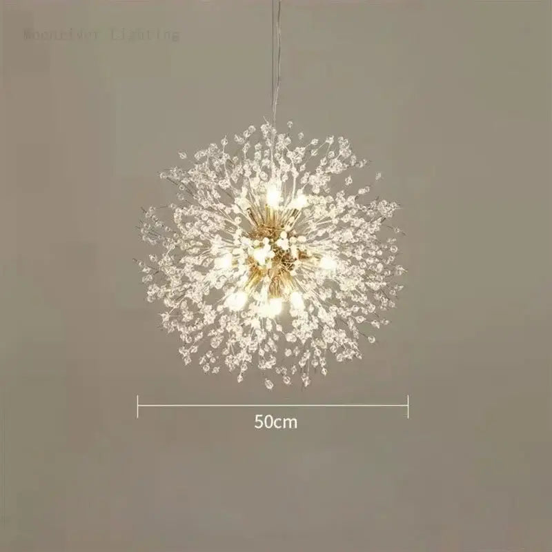 A sparkling gold and crystal decorbites dandelion crystal chandelier with a 50cm diameter for modern living room decor