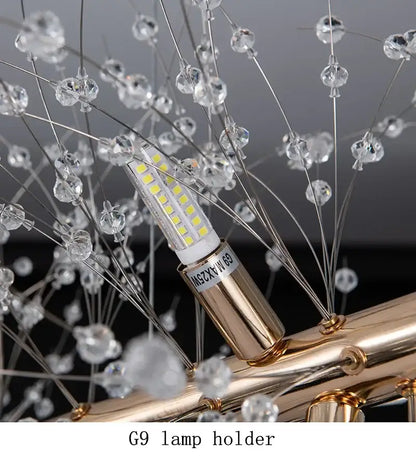 Gold-toned g9 lamp holder with clear faceted crystal bulb and led light strip in modern dandelion led crystal chandelier