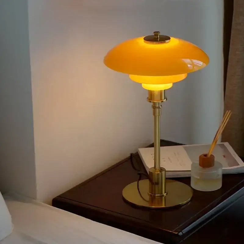 Modern danish amber and frosted glass decorbites glass desk lamp with golden brass base for bedroom use