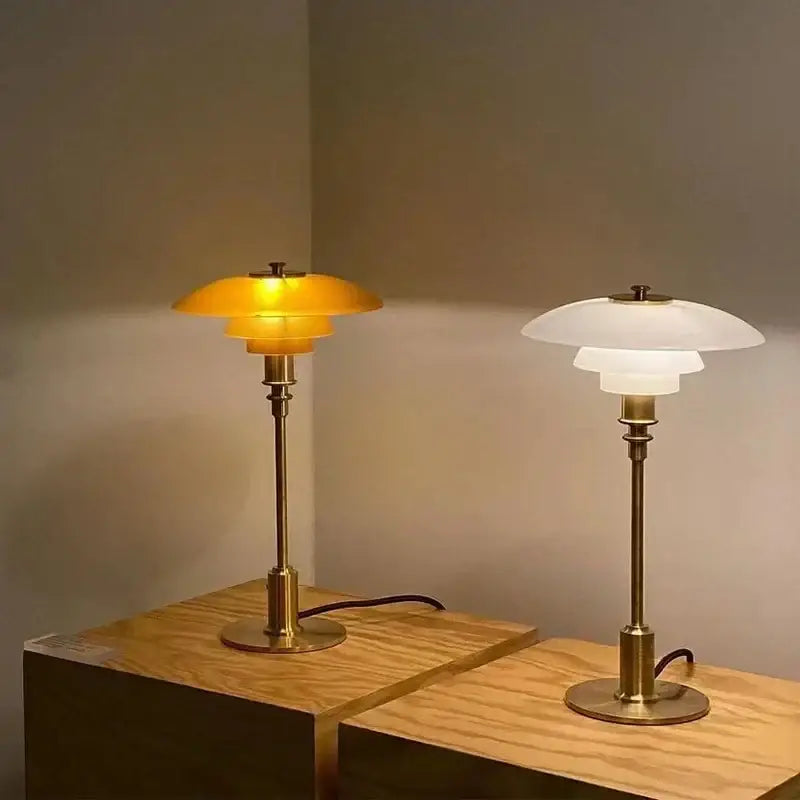Two vintage-style modern danish amber and frosted glass desk lamps with brass bases for bedroom decorbites glass desk use