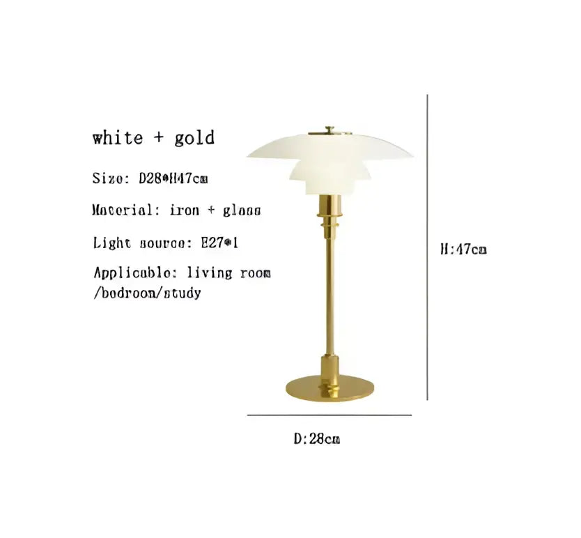 Modern danish amber and frosted glass desk lamp with white and gold tiered shades and slender iron base for decorbites glass desk