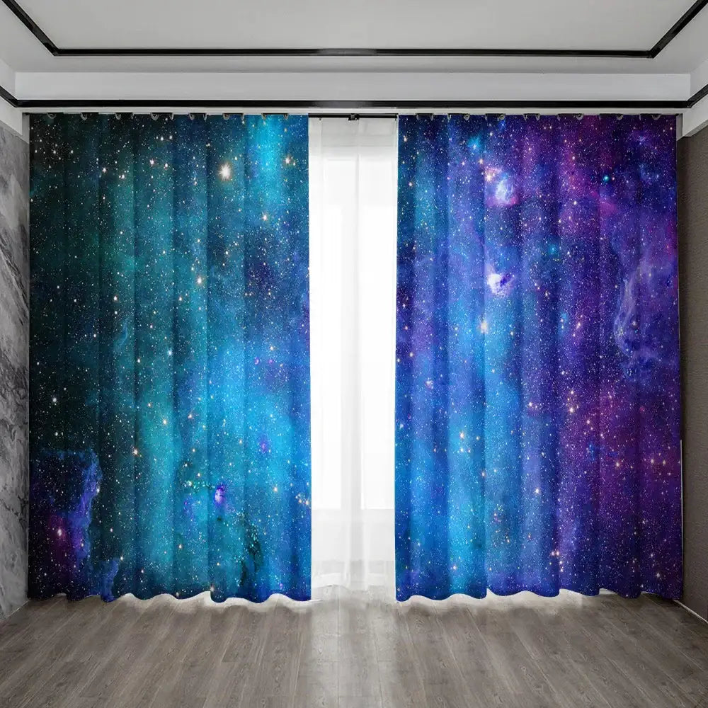 Modern dark blue forest city night view sheer curtains with vibrant galaxy-themed deep blue and purple gradient fabric