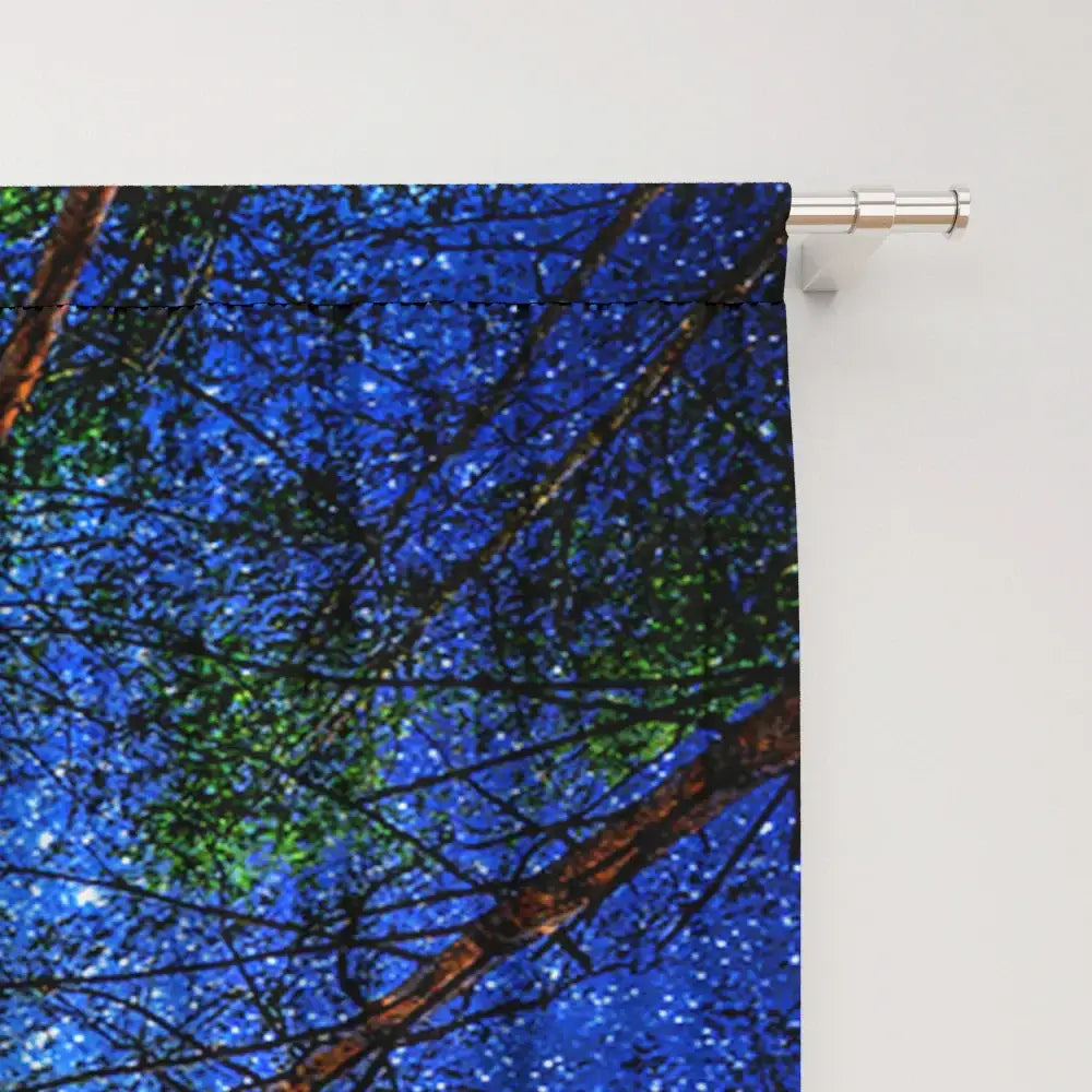 Modern dark blue forest city night view sheer curtains featuring blue and green forest canopy with starry sky design