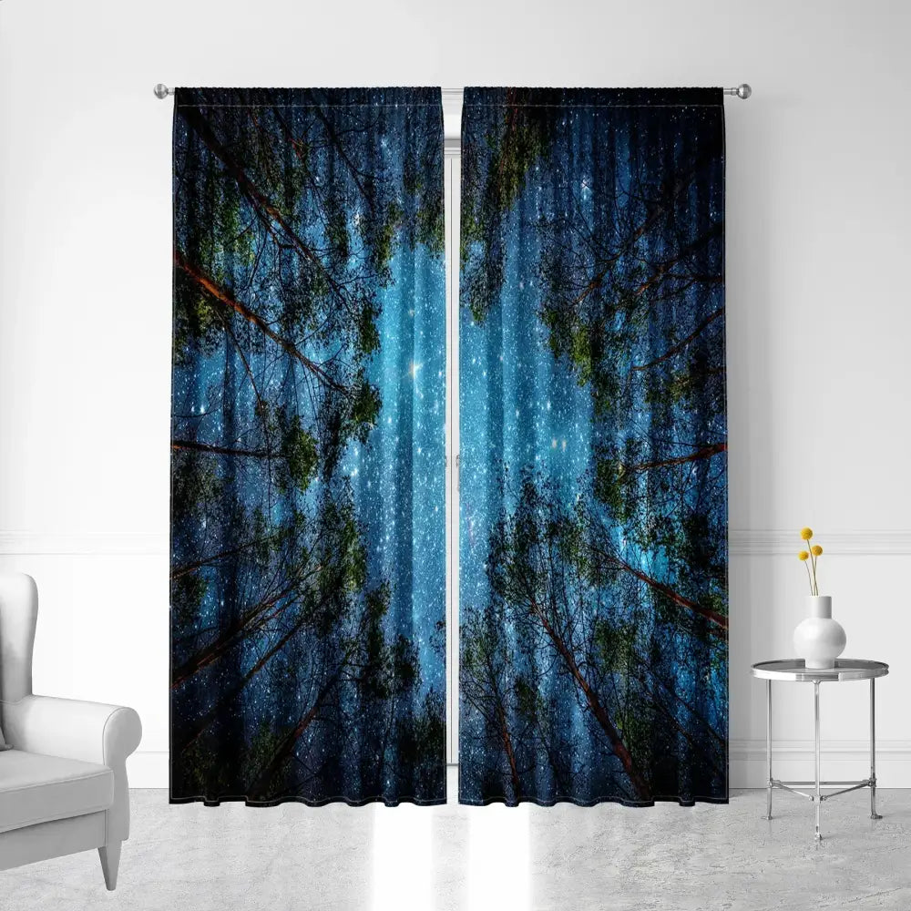 Modern dark blue forest city night view sheer curtains featuring night view modern tall tree silhouettes in deep blue hues