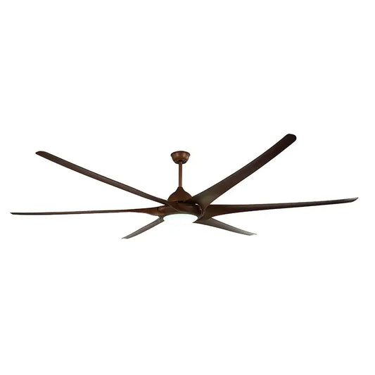 A modern dark bronze large ceiling fan with six blades and integrated light fixture for living room use
