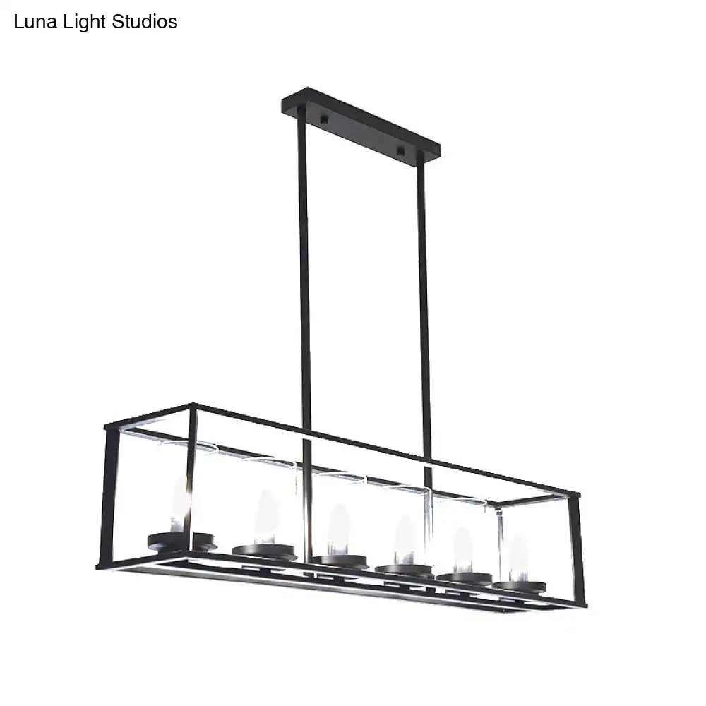 Black metal rectangular chandelier with clear glass shade and five exposed bulbs for classic black island lighting