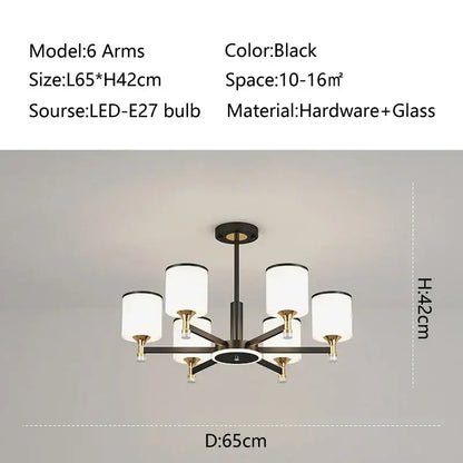 Black six-armed decorbites glass chandelier with white glass shades and gold-toned hardware for living room light