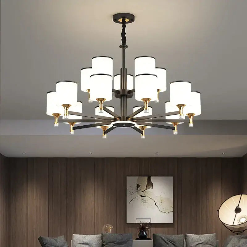 Modern dark bronze decorbites glass chandelier with multiple cylindrical white glass shades for living room light