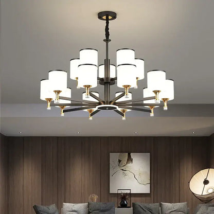 Modern dark bronze decorbites glass chandelier with multiple cylindrical white glass shades for living room light