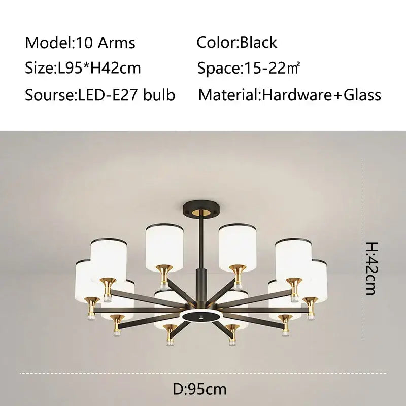 Modern dark bronze decorbites glass chandelier with 10 black and gold arms and frosted glass shades for living room lighting