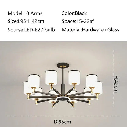 Modern dark bronze decorbites glass chandelier with 10 black and gold arms and frosted glass shades for living room lighting