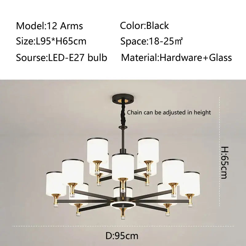 Modern dark bronze decorbites glass chandelier with 12 black arms, frosted glass shades, and brass accents for living rooms