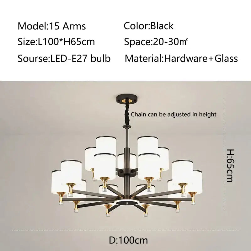 Modern dark bronze decorbites glass chandelier with 15 black arms, frosted glass shades, and brass accents for living room light