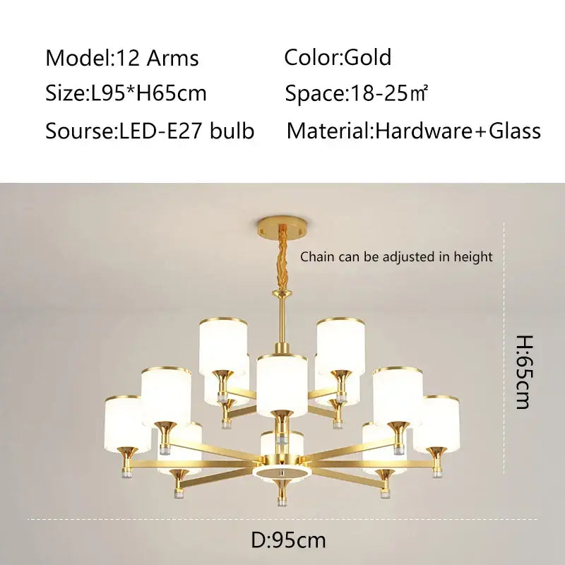 Modern dark bronze decorbites glass chandelier with gold finish 12 arms frosted shades and adjustable height chain