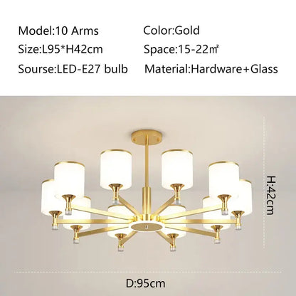 Modern dark bronze decorbites glass chandelier with gold finish and ten arms holding white cylindrical glass shades