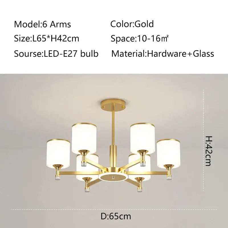 Modern dark bronze decorbites glass chandelier with gold finish six arms and white glass shades for living room lighting